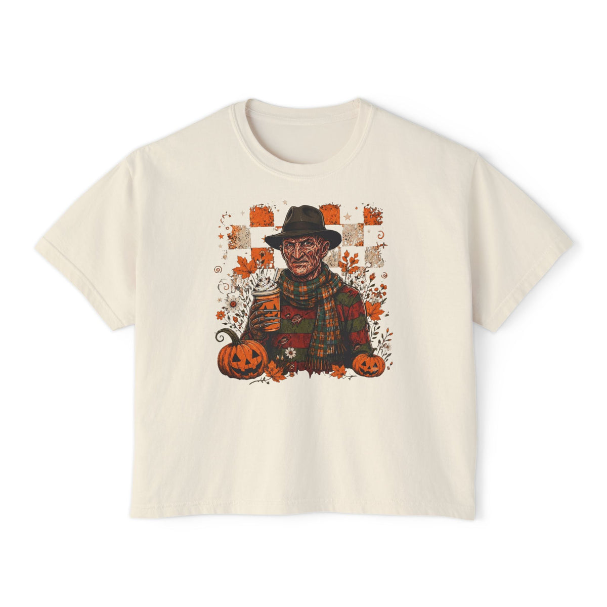 Iconic Horror Figure Boxy Tee — Vintage Horror Pumpkin Patch Graphic Shirt