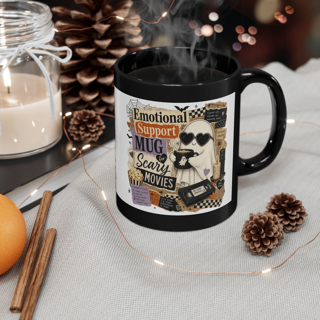 Emotional Support Mug — Cute Ghost & 'Scary Movies' Coffee Cup (11oz/15oz)