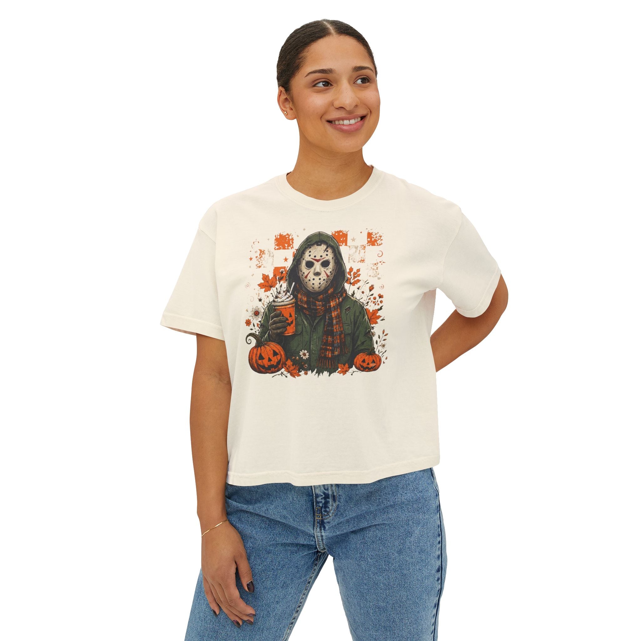 Halloween Jason Mask Boxy Tee — Retro Pumpkin Horror Graphic T‑Shirt