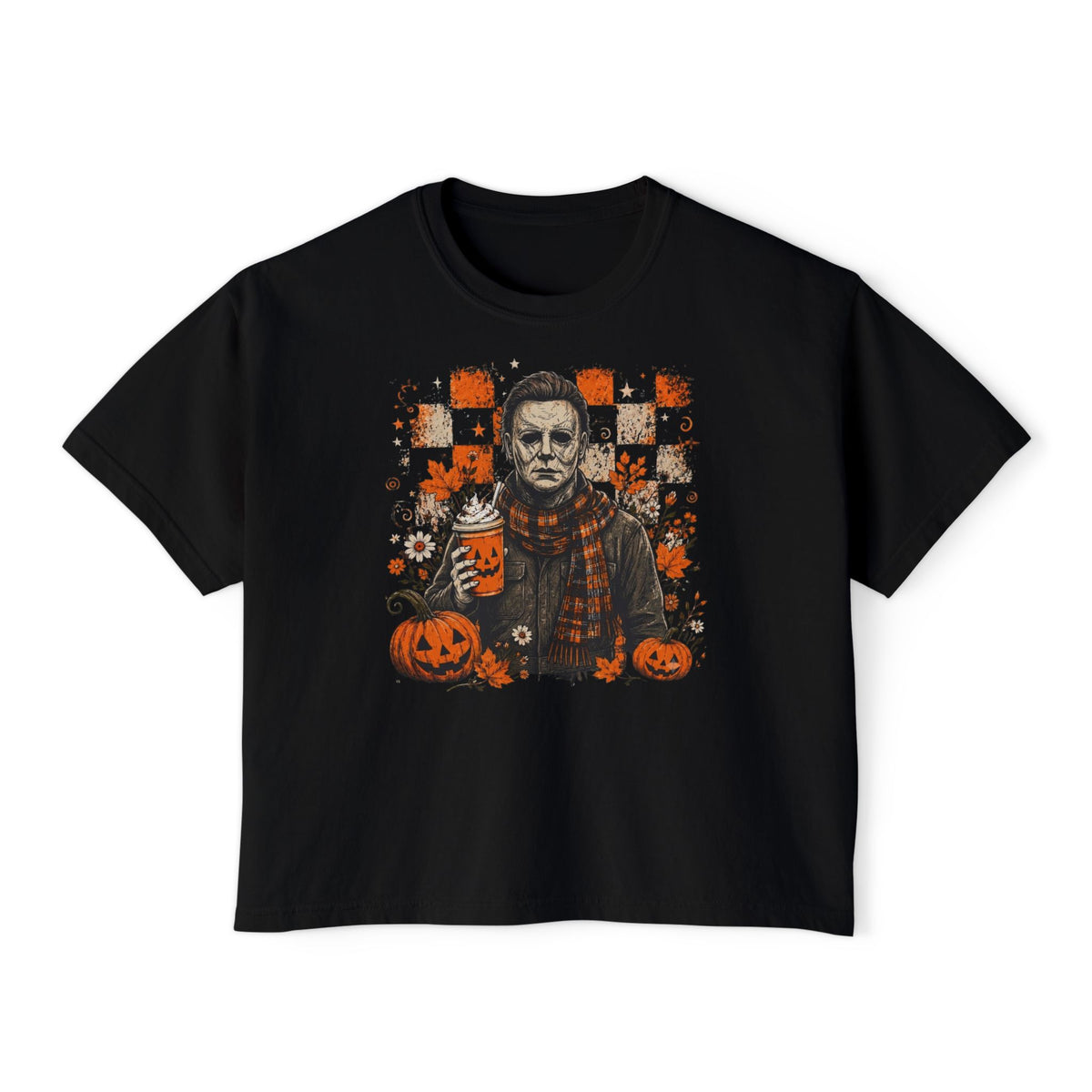 Halloween Tee – Women’s Boxy Horror Shirt with Pumpkins