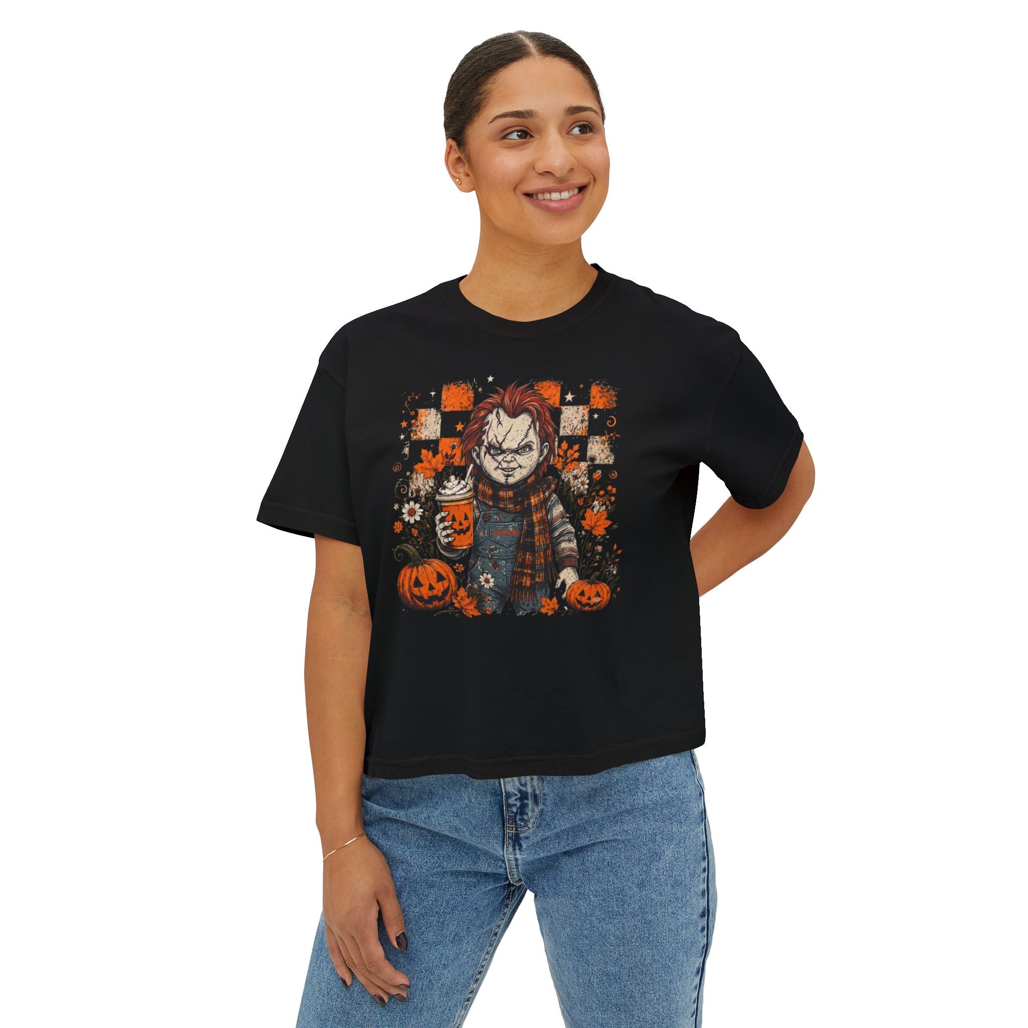 Spooky Doll Halloween Boxy Tee — Cute Creepy Pumpkin Horror Graphic Shirt