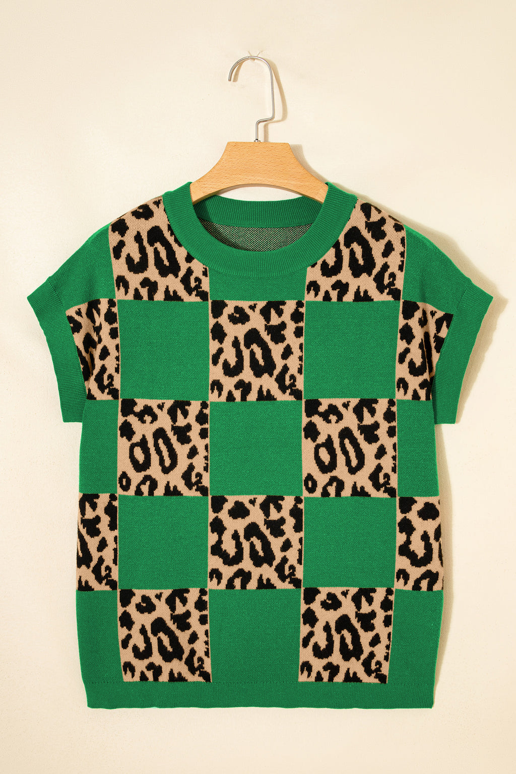 Black Leopard Checkerboard Short Sleeve Knit Sweater
