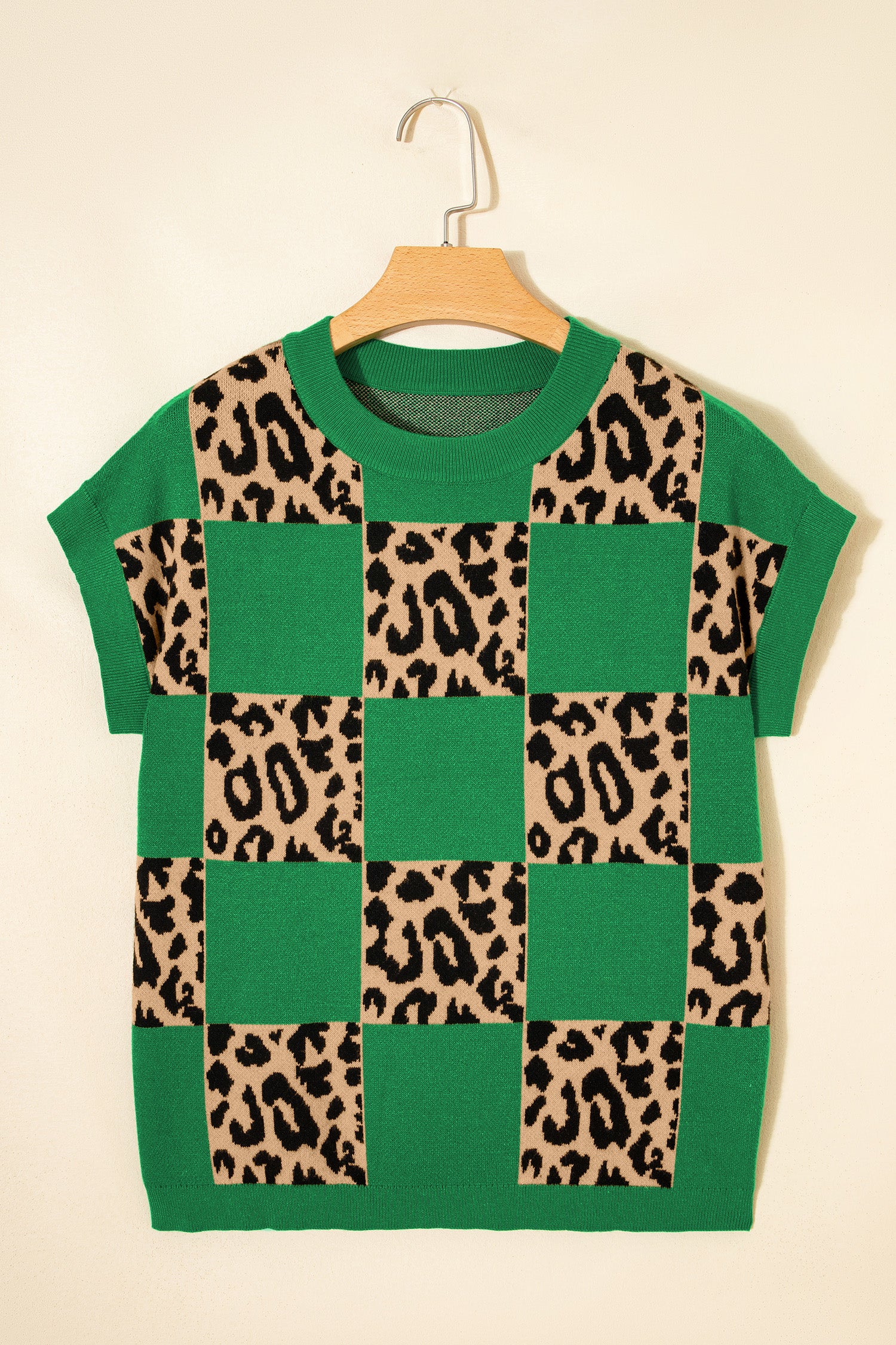 Black Leopard Checkerboard Short Sleeve Knit Sweater