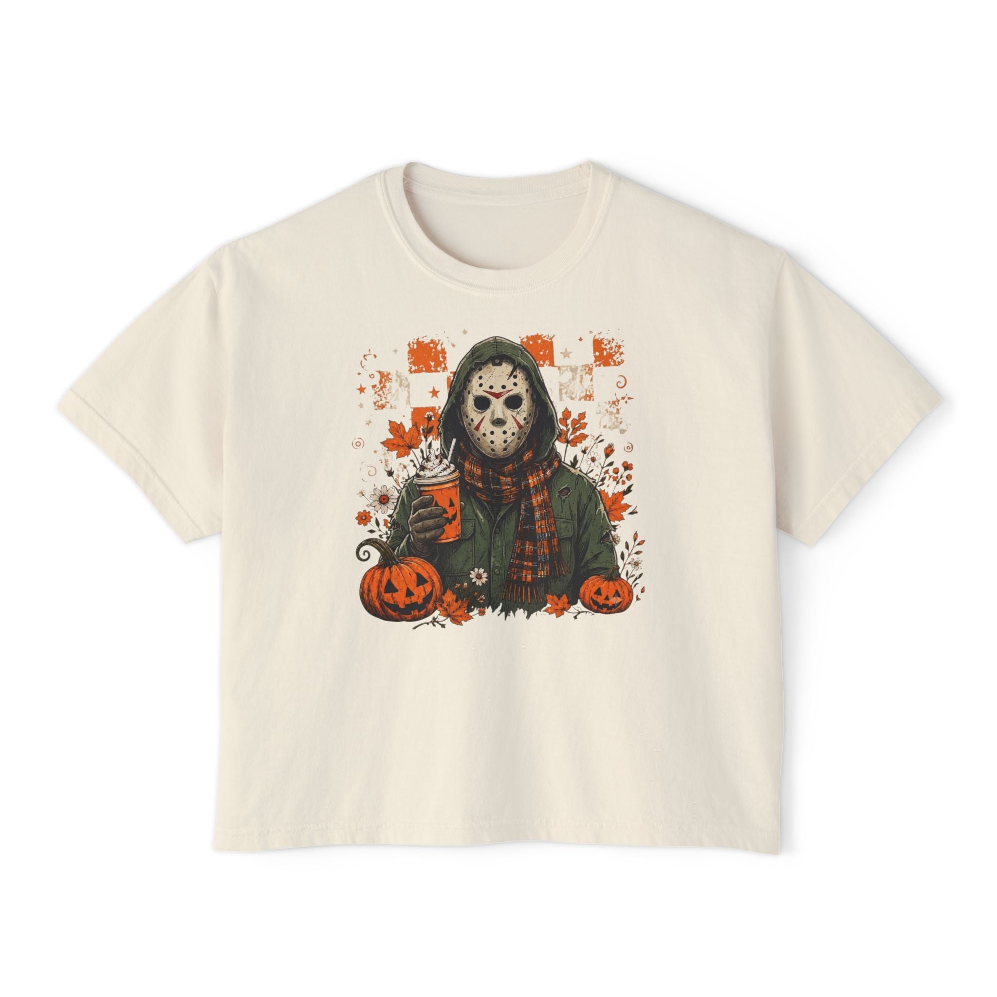 Halloween Jason Mask Boxy Tee — Retro Pumpkin Horror Graphic T‑Shirt