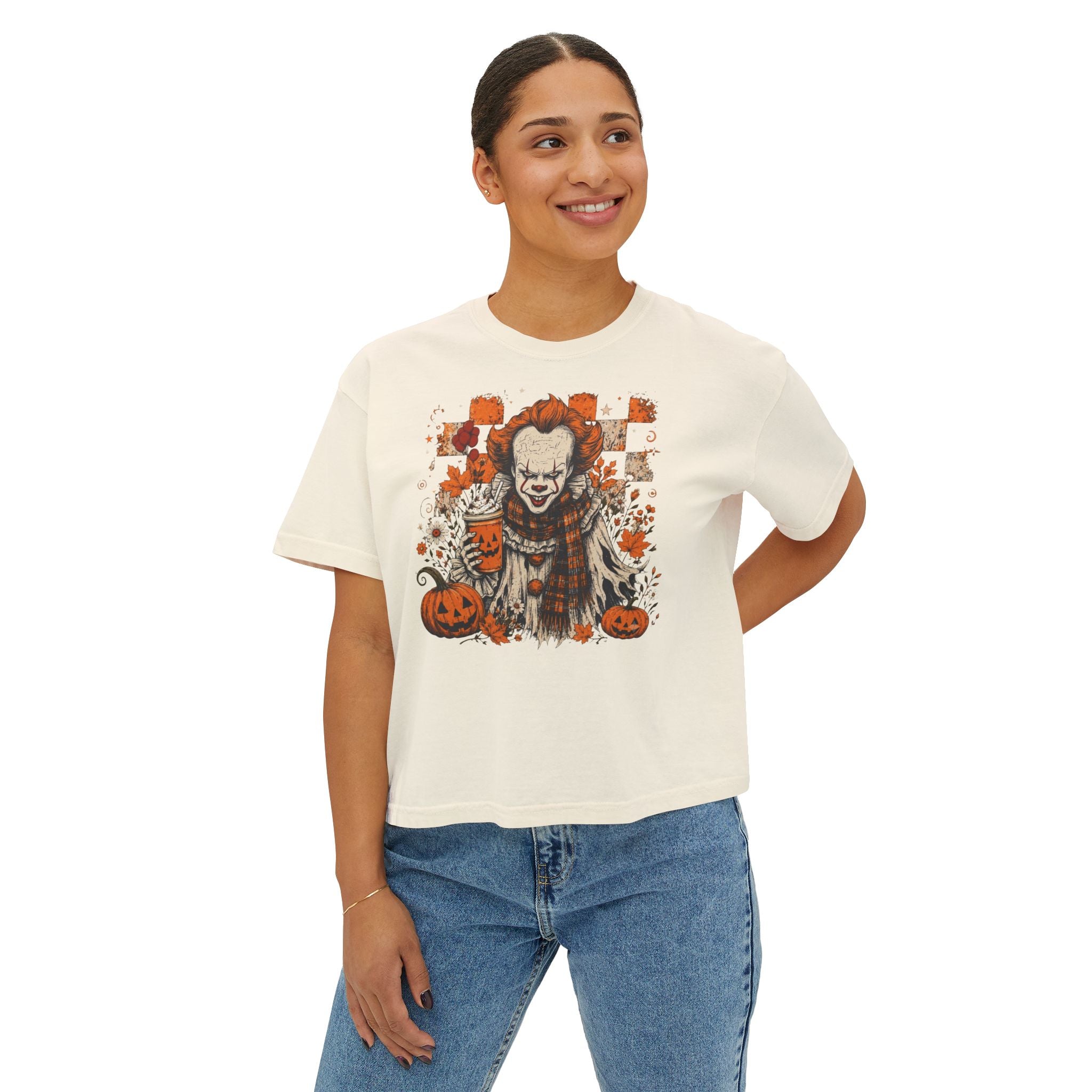 Halloween Scare Clown Tee — Women's Boxy Halloween Shirt with Pumpkin Design
