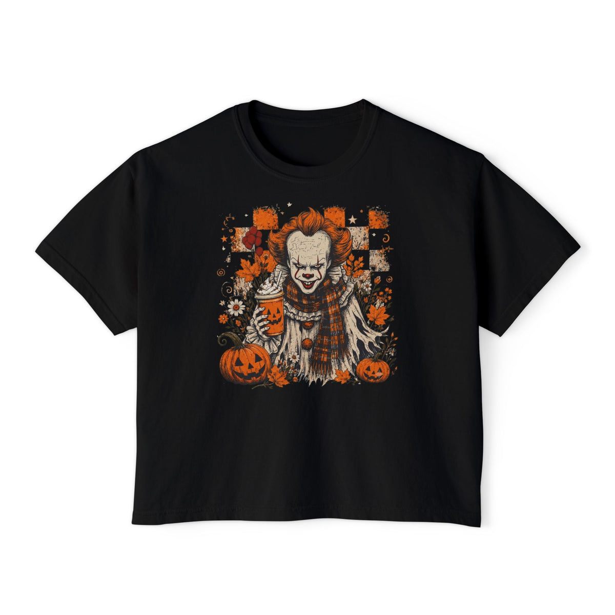 Halloween Scare Clown Tee — Women's Boxy Halloween Shirt with Pumpkin Design