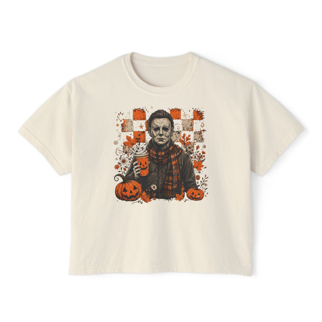 Halloween Tee – Women’s Boxy Horror Shirt with Pumpkins
