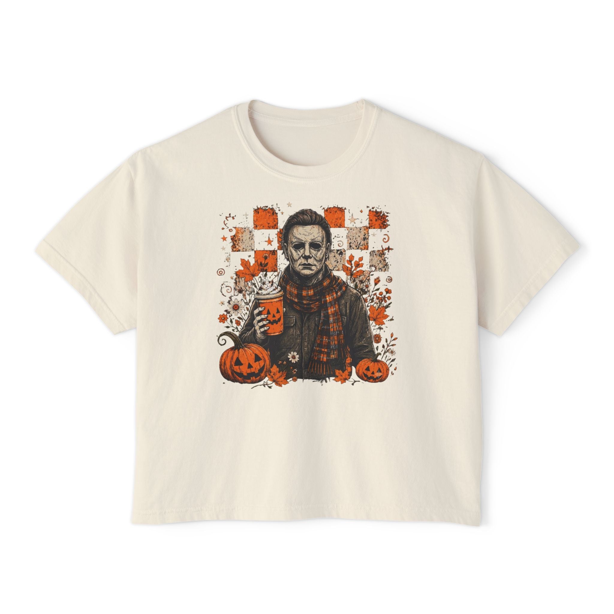 Halloween Tee – Women’s Boxy Horror Shirt with Pumpkins