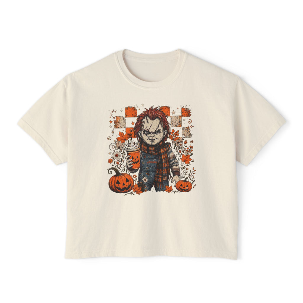 Spooky Doll Halloween Boxy Tee — Cute Creepy Pumpkin Horror Graphic Shirt