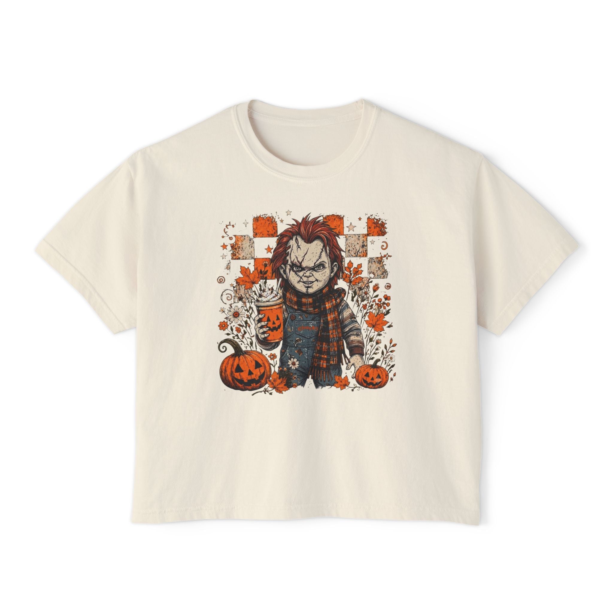 Spooky Doll Halloween Boxy Tee — Cute Creepy Pumpkin Horror Graphic Shirt