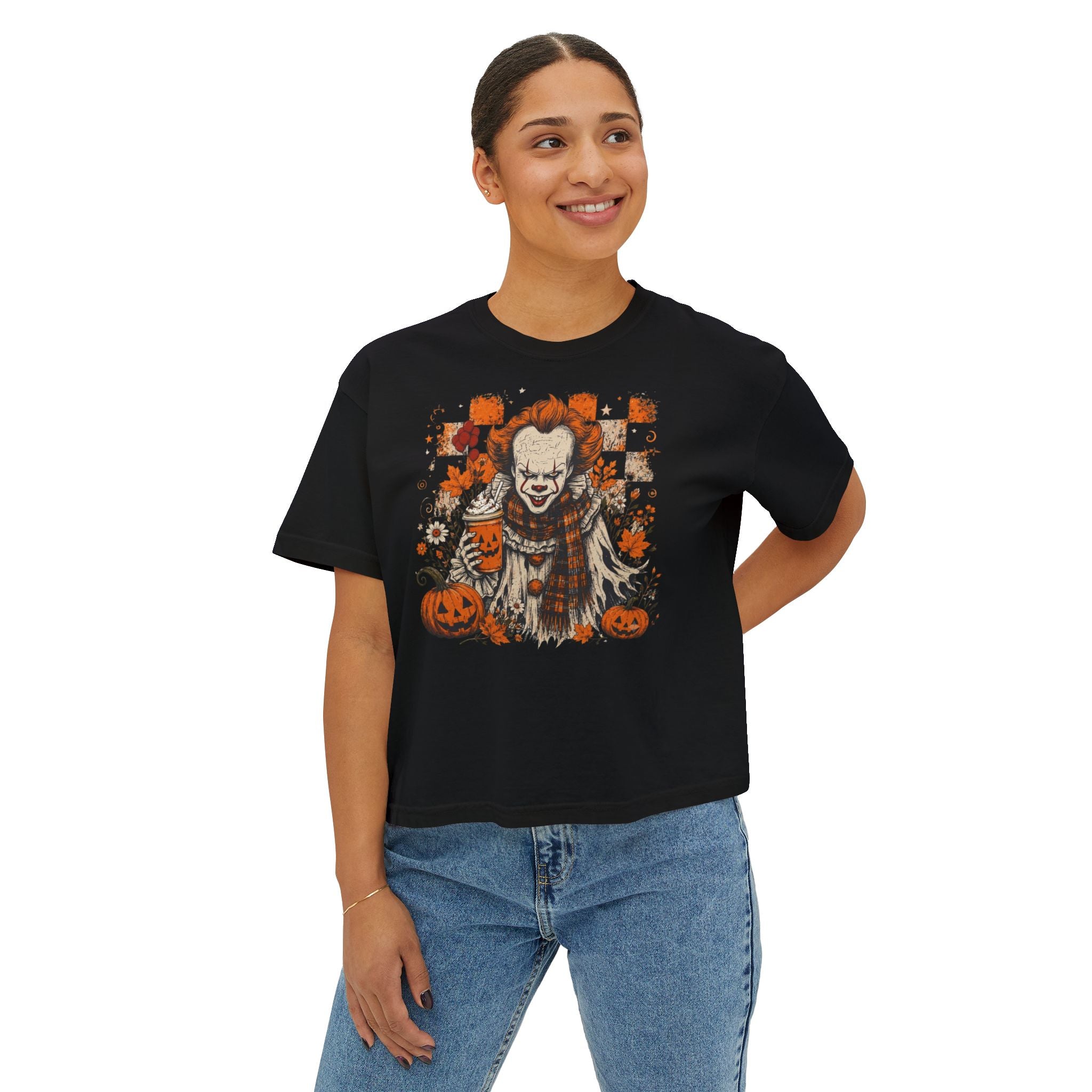 Halloween Scare Clown Tee — Women's Boxy Halloween Shirt with Pumpkin Design