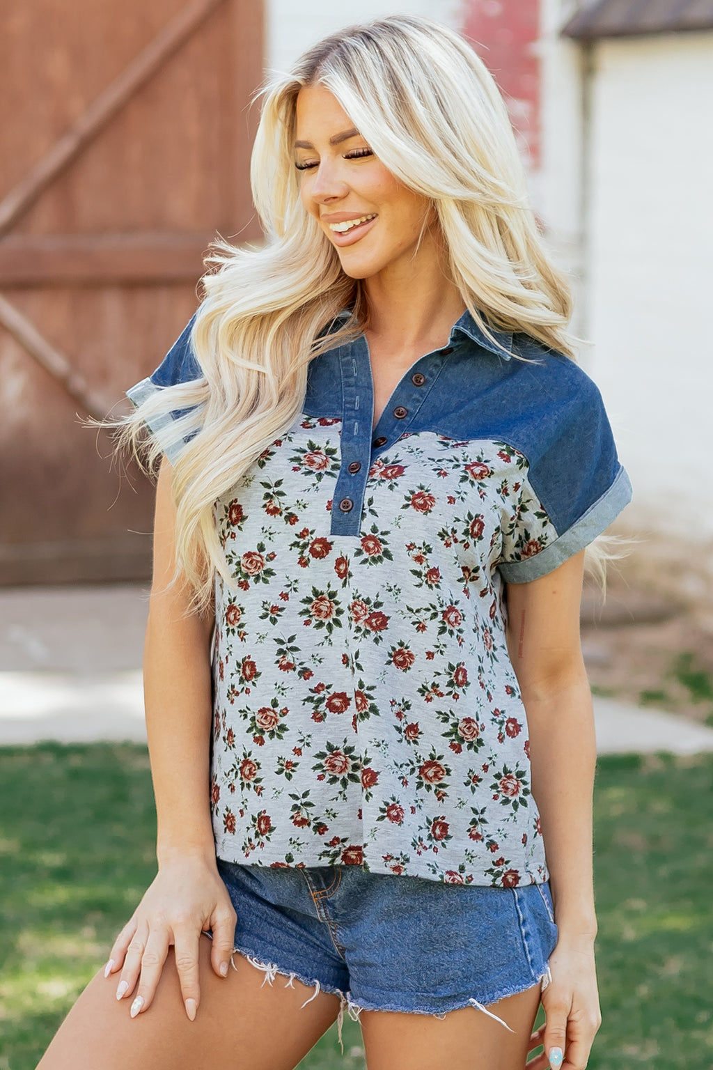 Gray Retro Floral Print Denim Patchwork Buttoned Polo Collar Top