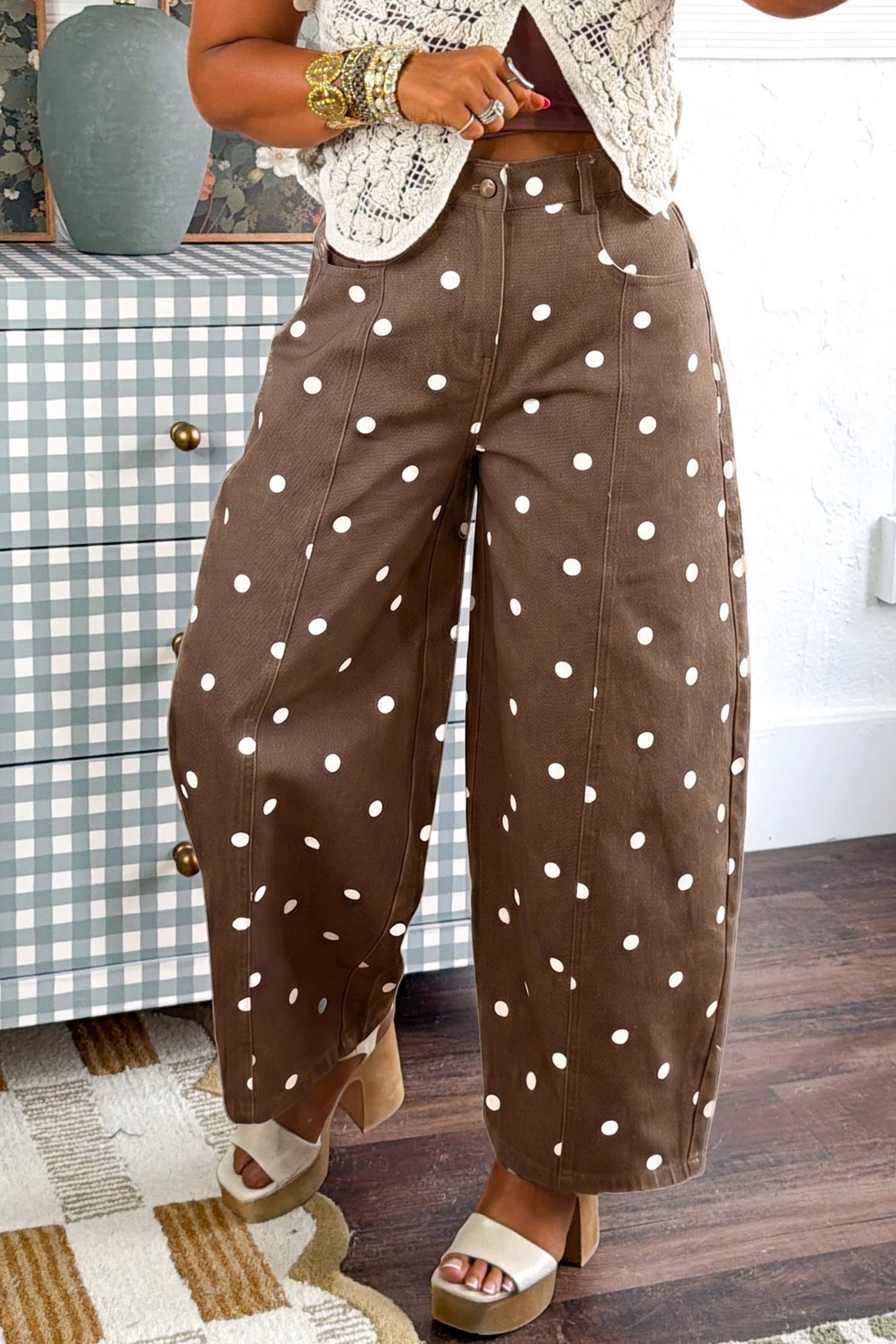 Brown Tailored Seam Polka Dot Print Barrel Casual Jeans