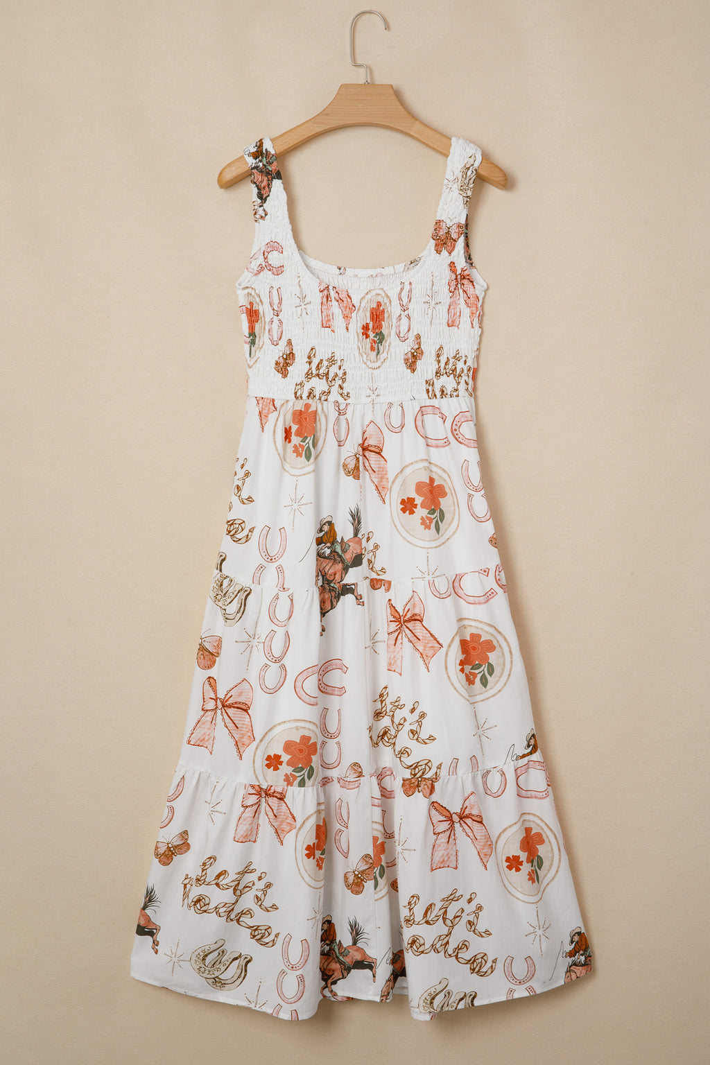 White Western Horseshoe Print U-Neck Sleeveless Midi Dress