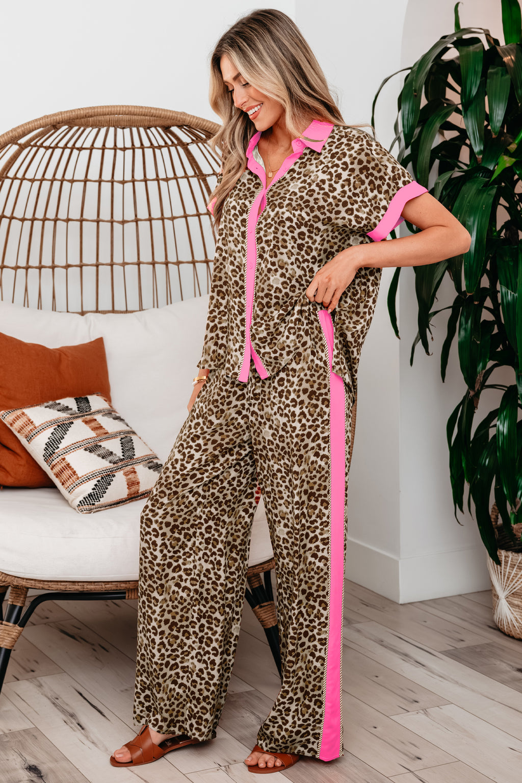 Brown Contrast Trim Leopard Top and Pant Set