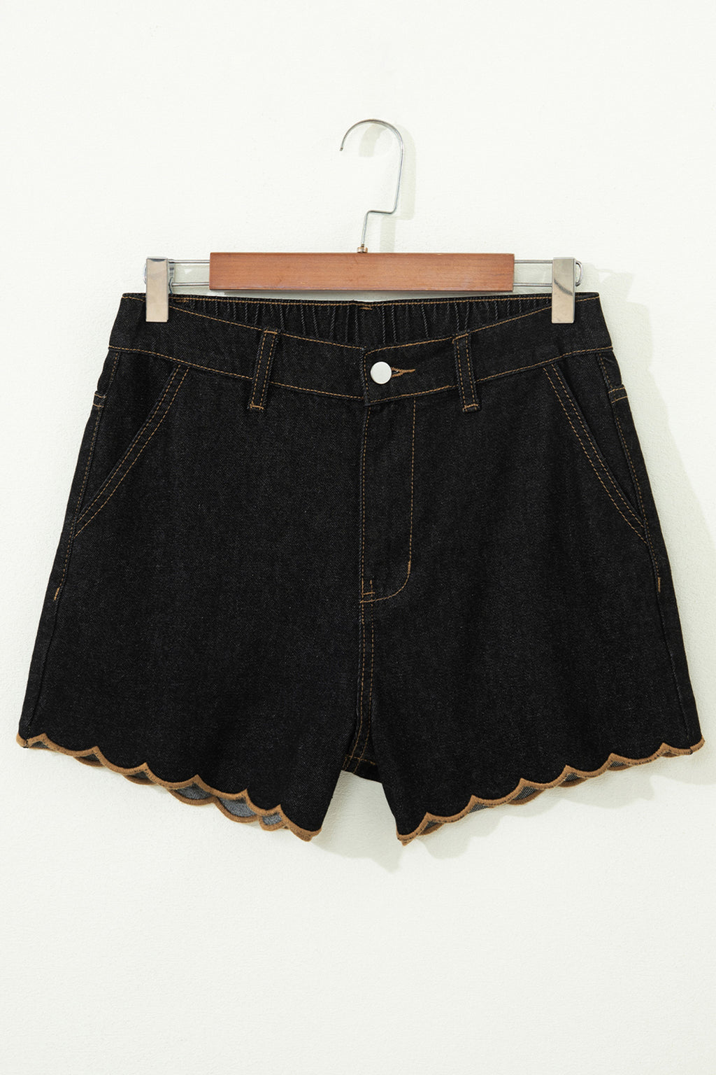 Navy Blue Embroidered Scalloped Trim Relaxed Denim Shorts