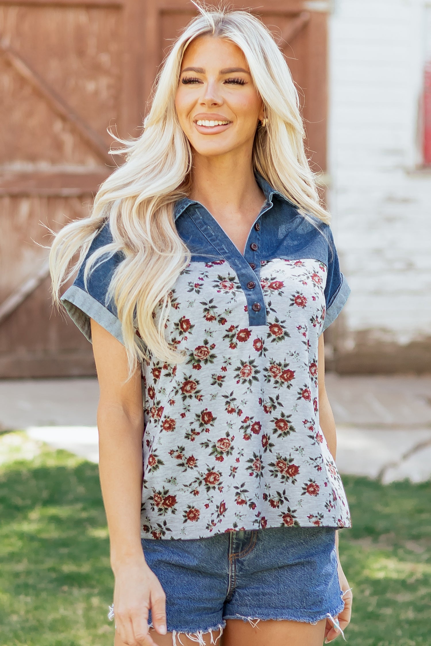 Gray Retro Floral Print Denim Patchwork Buttoned Polo Collar Top