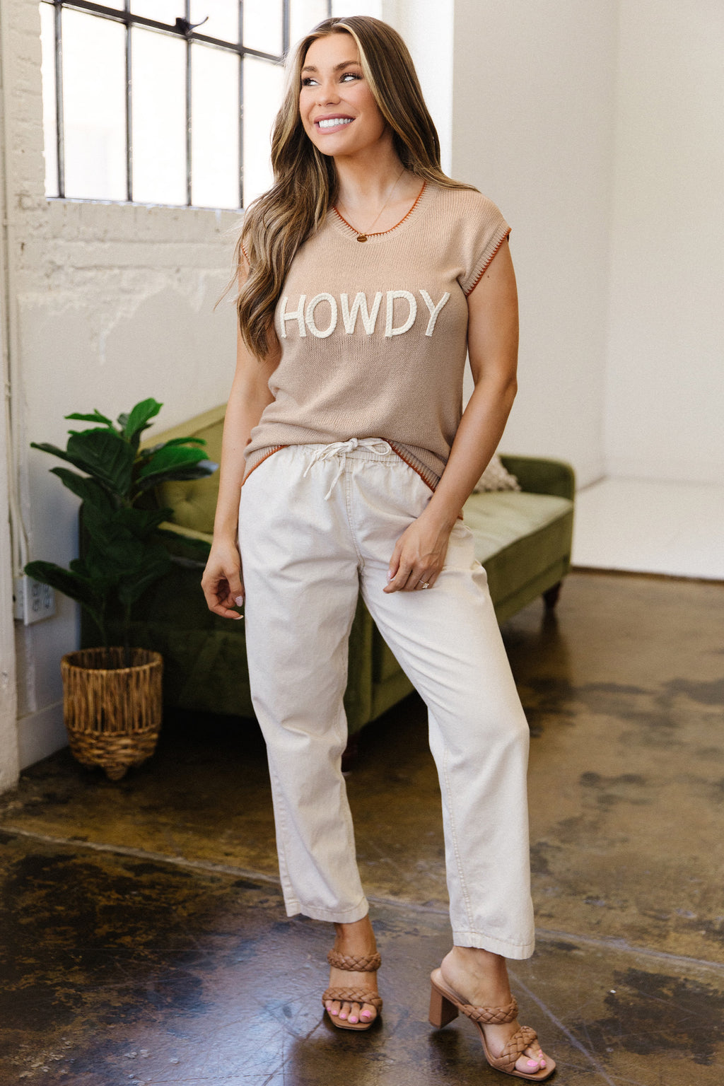 Parchment Contrast Trim Short Sleeve Knit HOWDY Western Sweater