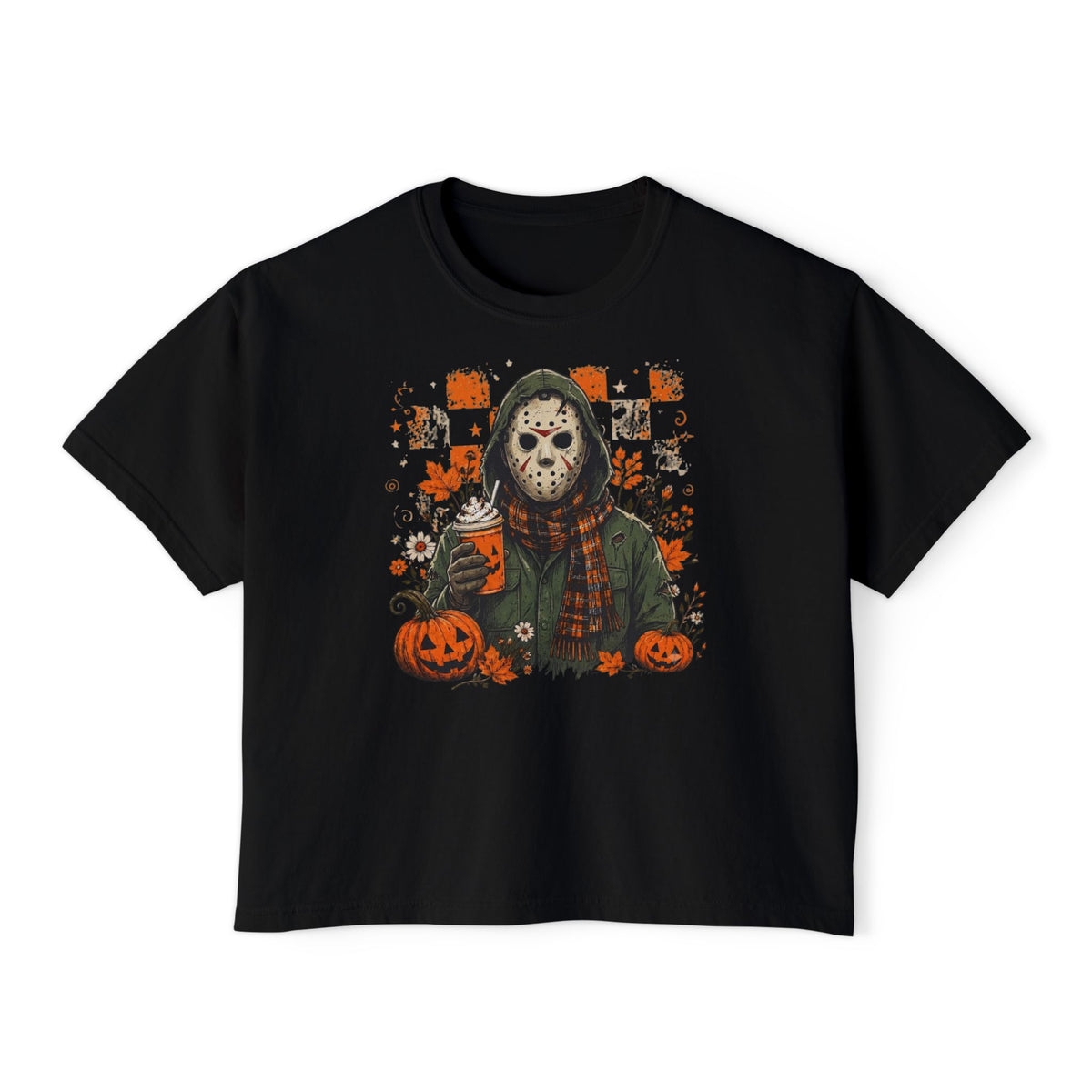 Halloween Jason Mask Boxy Tee — Retro Pumpkin Horror Graphic T‑Shirt