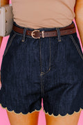 Navy Blue Embroidered Scalloped Trim Relaxed Denim Shorts