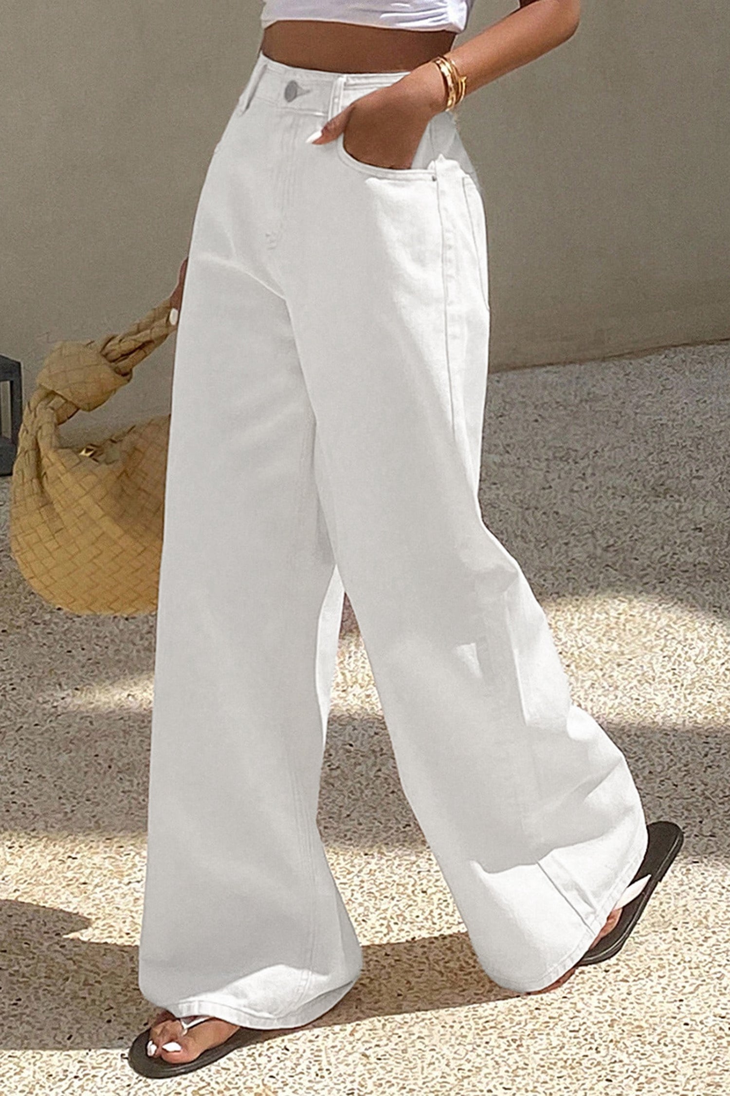 White Solid Color Loose Casual Jeans