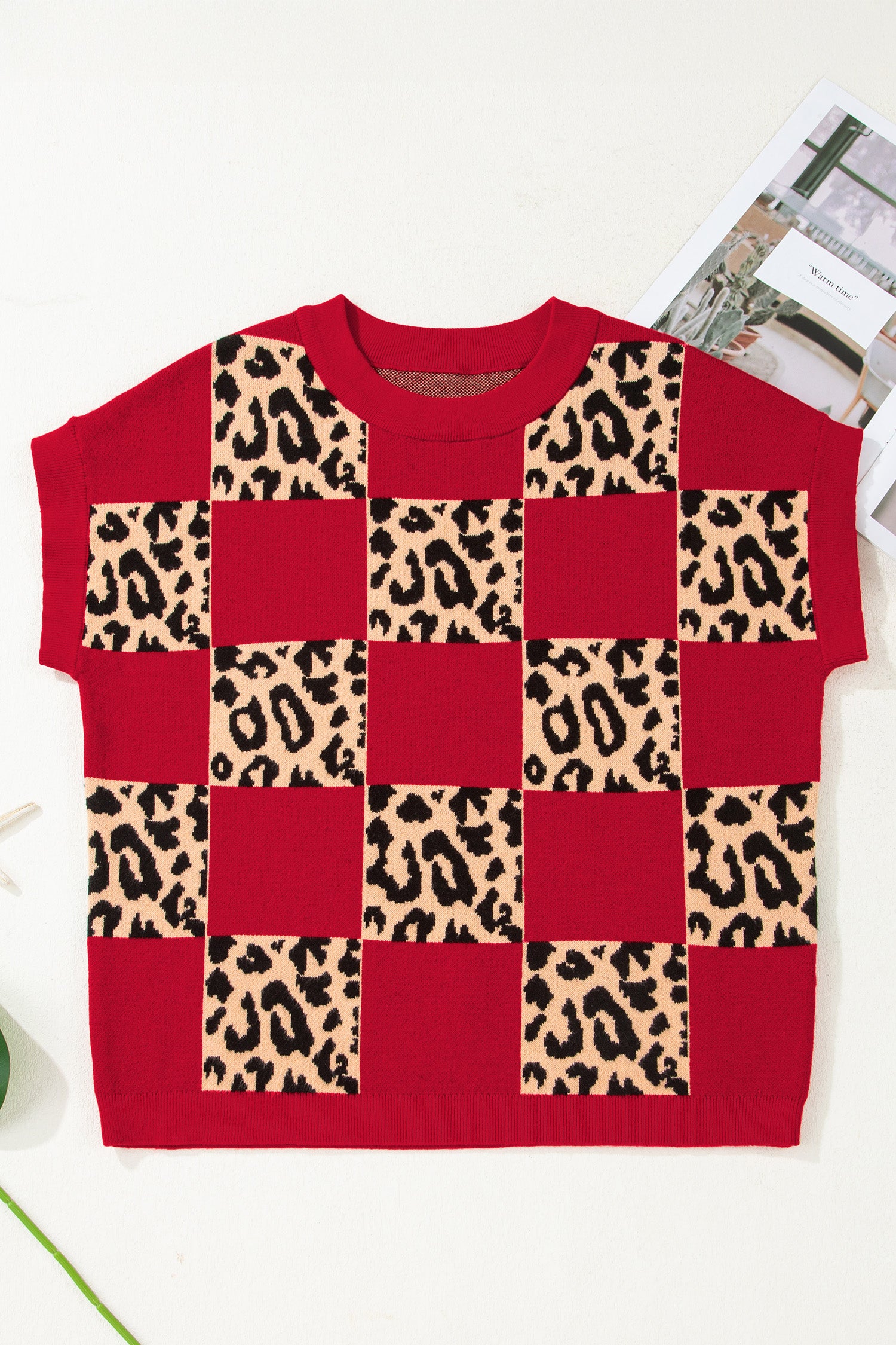 Black Leopard Checkerboard Short Sleeve Knit Sweater