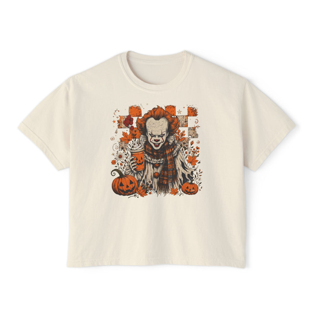 Halloween Scare Clown Tee — Women's Boxy Halloween Shirt with Pumpkin Design