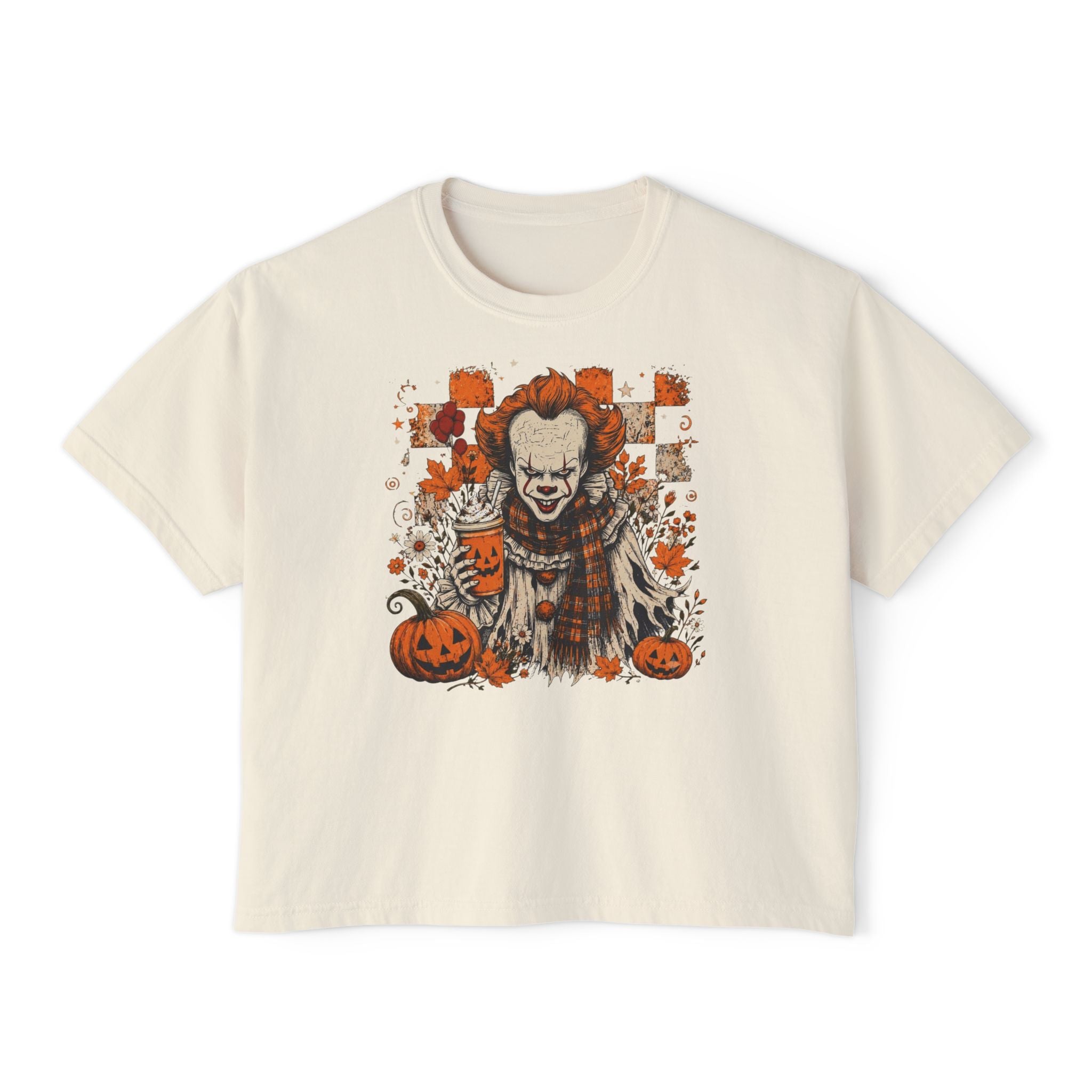 Halloween Scare Clown Tee — Women's Boxy Halloween Shirt with Pumpkin Design