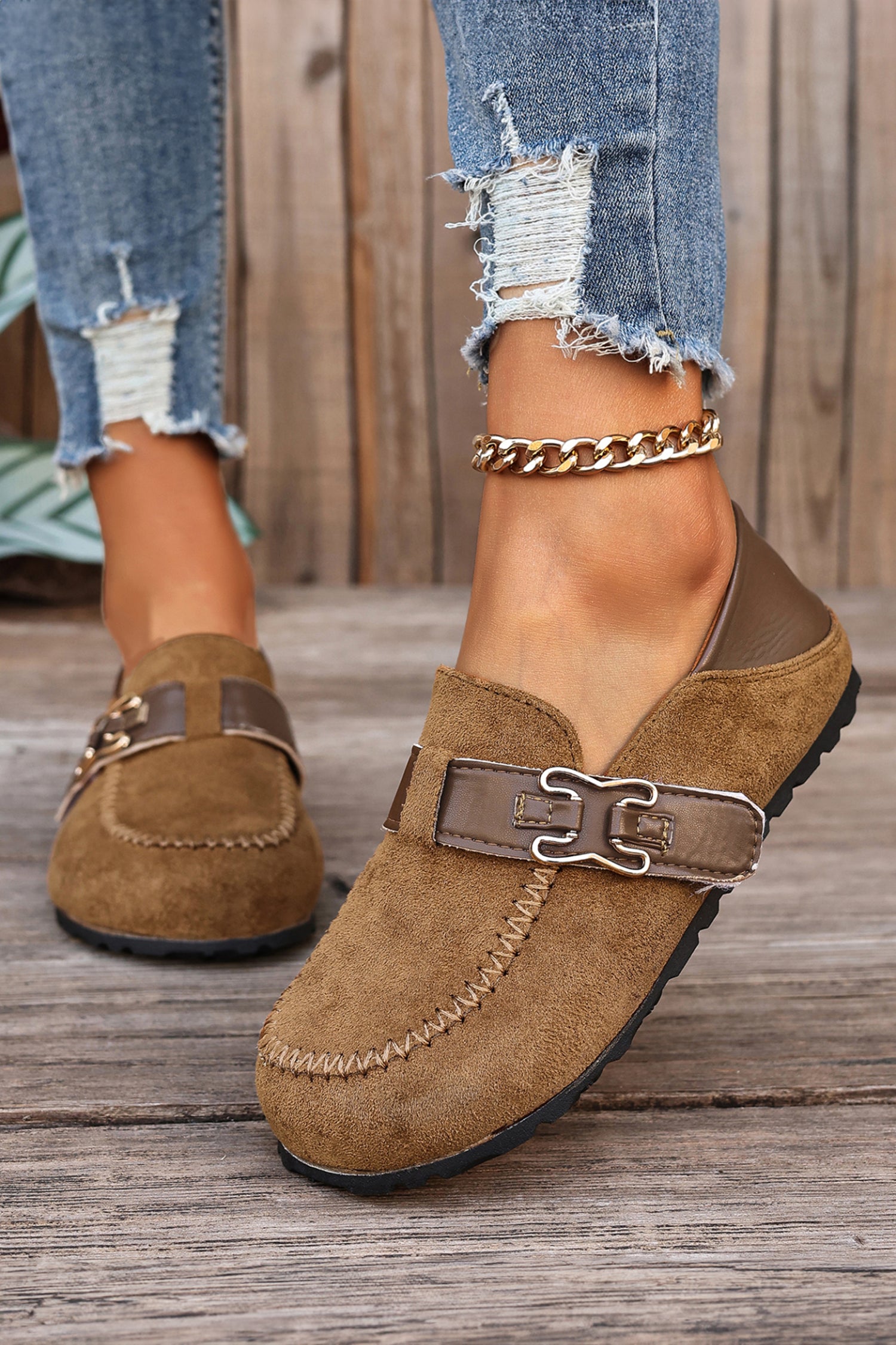 Coffee Faux Suede PU Leather Patchwork Retro Buckle Slip On Shoes