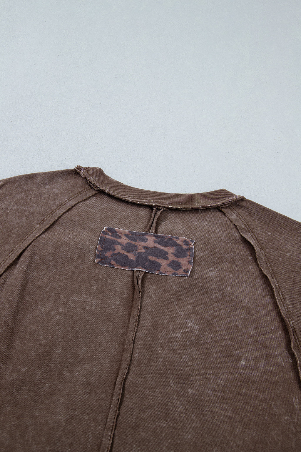Coffee Mineral Wash Exposed Seam Leopard Star Patched T Shirt