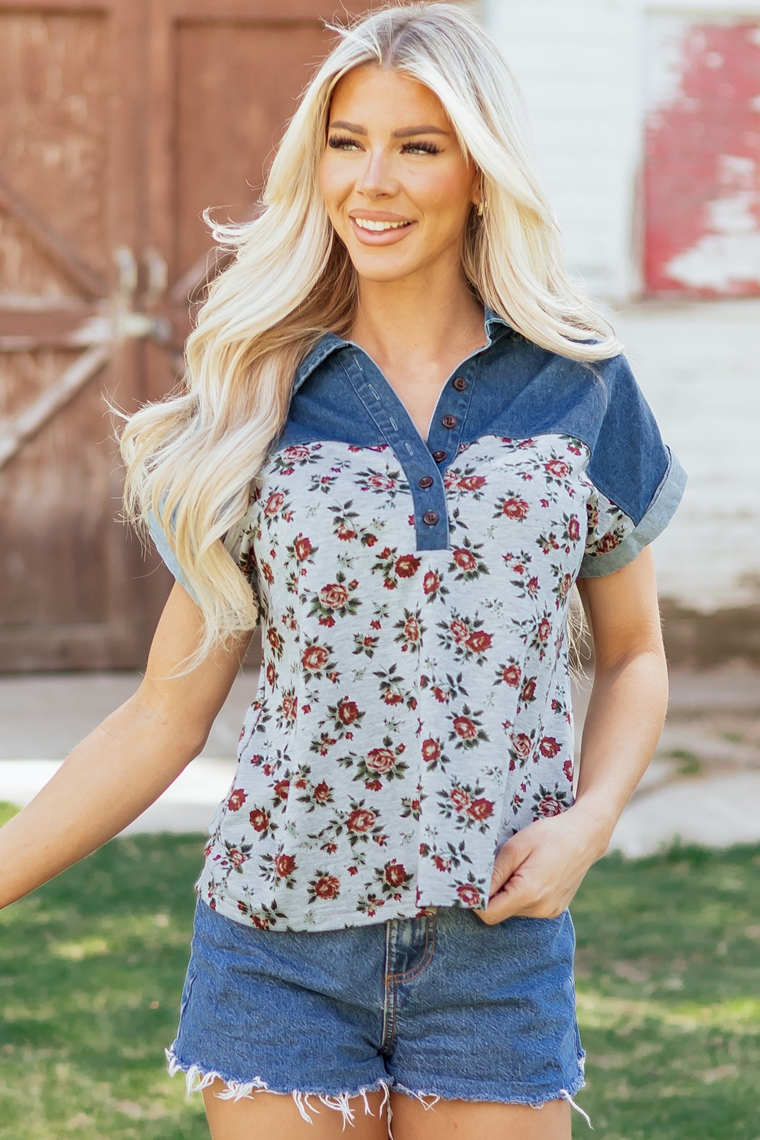 Gray Retro Floral Print Denim Patchwork Buttoned Polo Collar Top