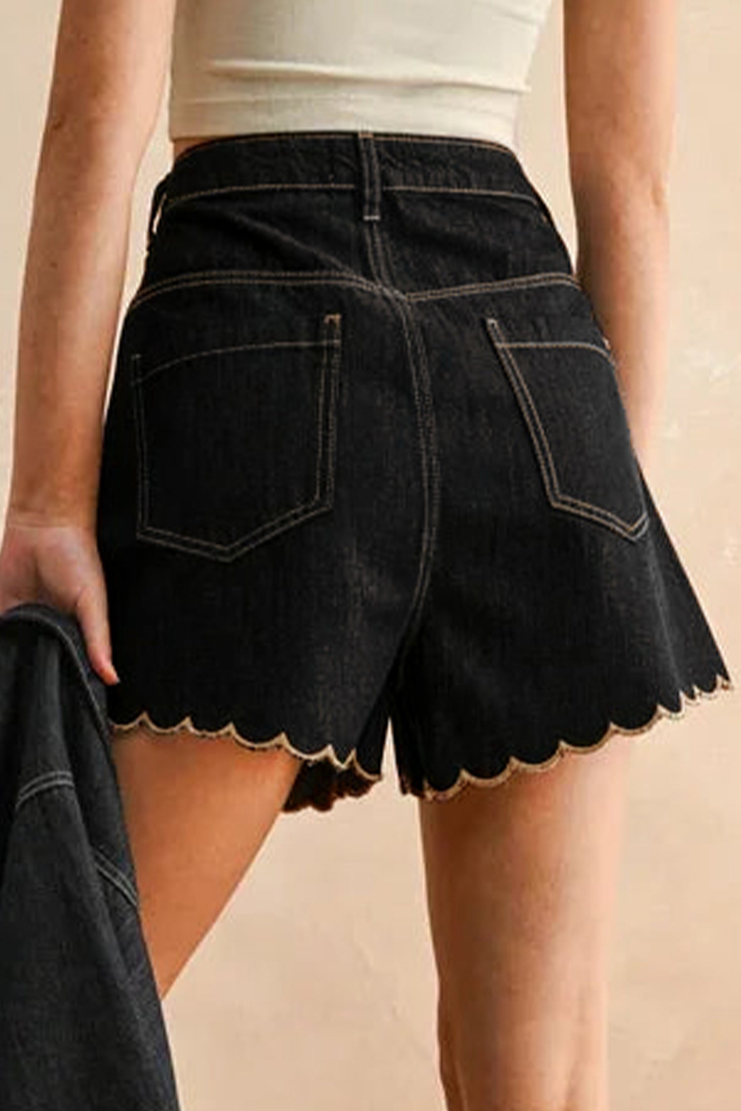 Navy Blue Embroidered Scalloped Trim Relaxed Denim Shorts