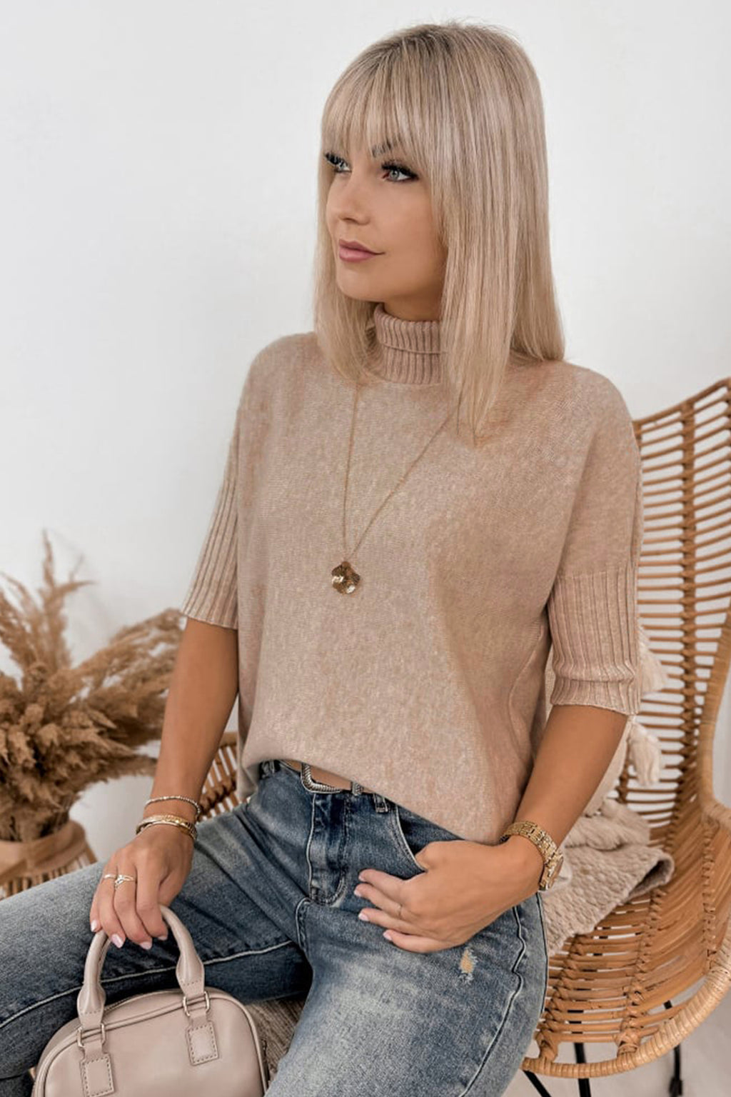 Beige Ribbed Trim High Neck Short Sleeve Casual Sweater
