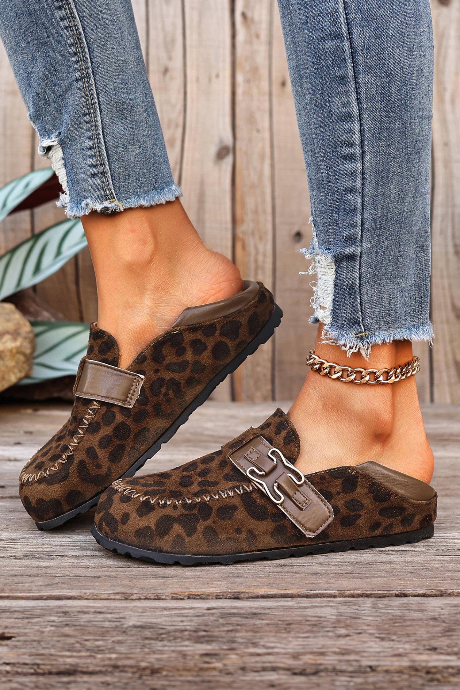 Coffee Faux Suede PU Leather Patchwork Retro Buckle Slip On Shoes
