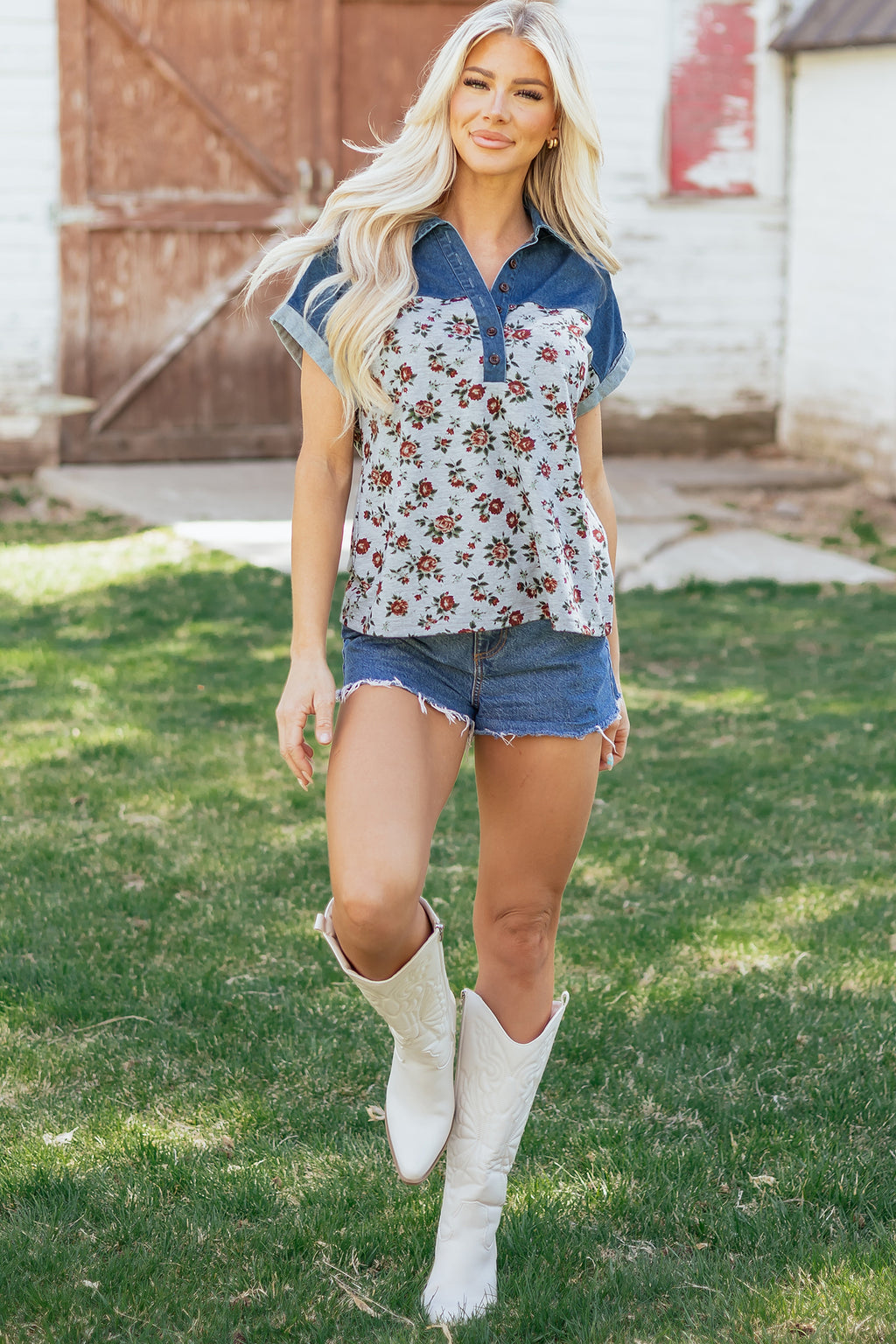 Gray Retro Floral Print Denim Patchwork Buttoned Polo Collar Top