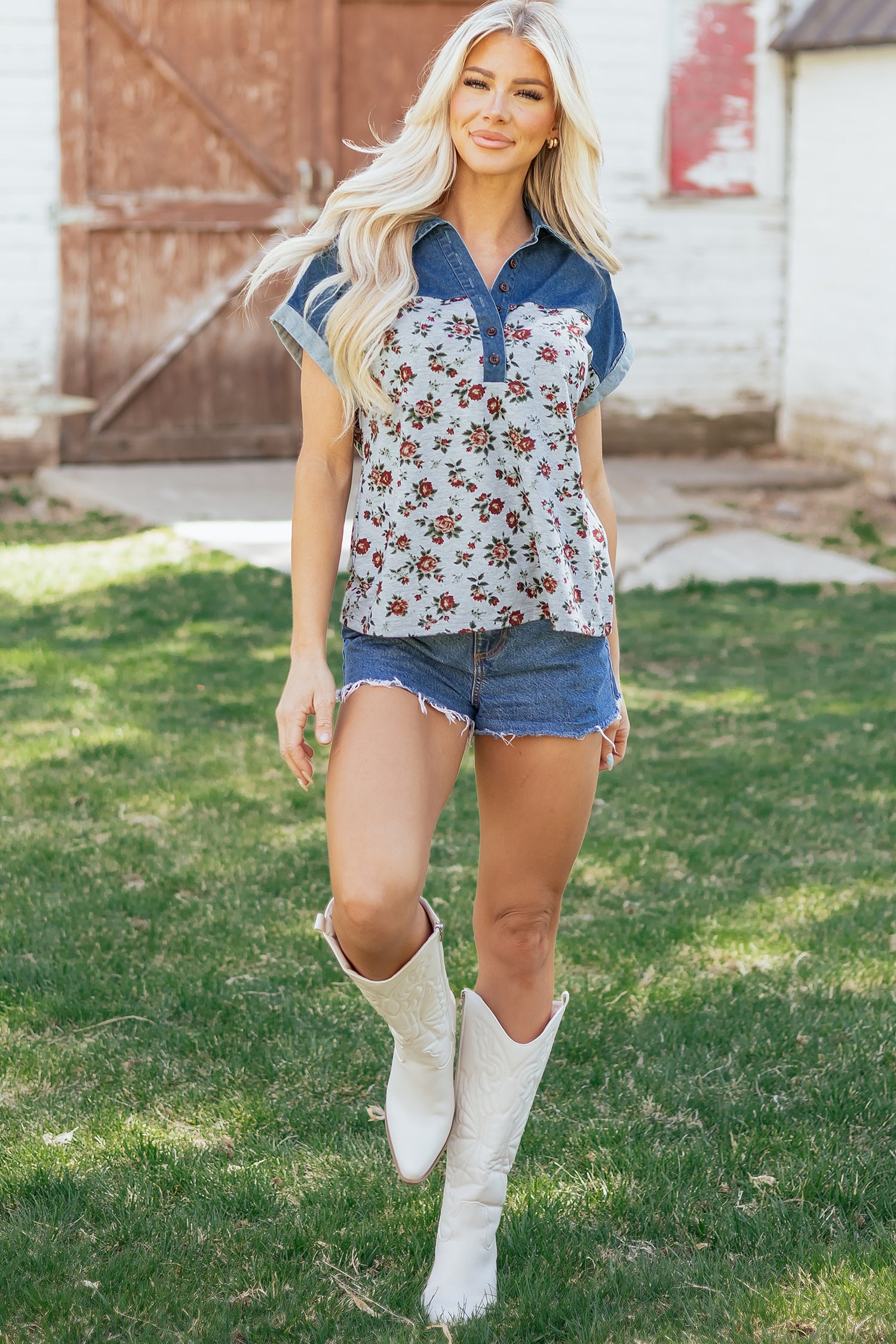 Gray Retro Floral Print Denim Patchwork Buttoned Polo Collar Top