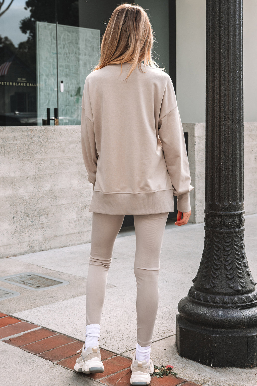 Black Solid Color Oversize Slit Sweatshirt Ribbed Leggings 2pcs Set