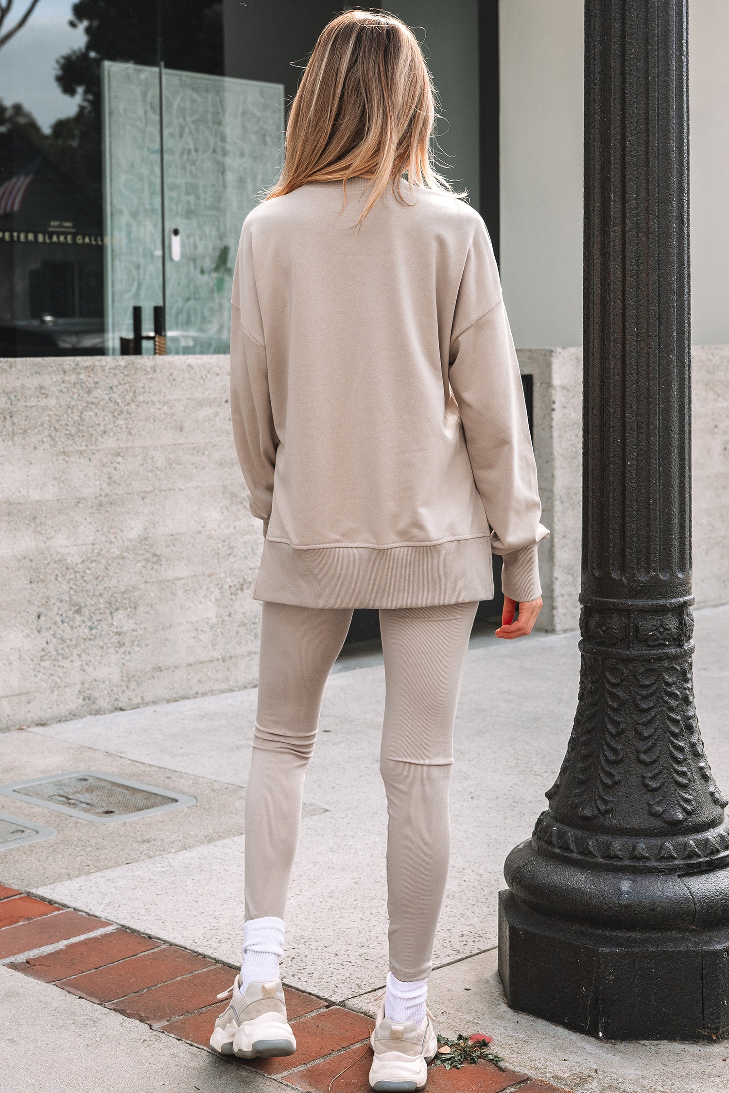 Black Solid Color Oversize Slit Sweatshirt Ribbed Leggings 2pcs Set