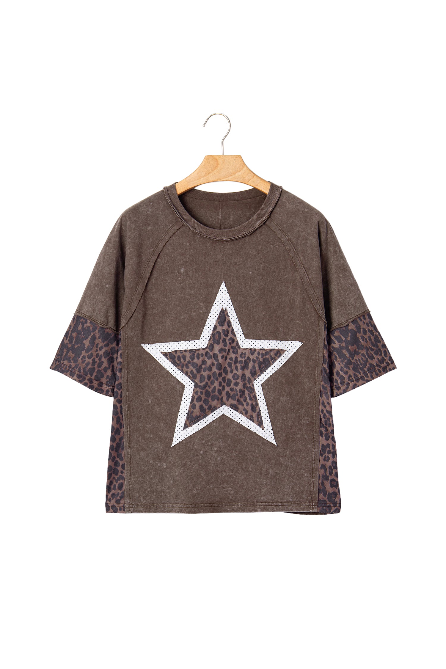 Coffee Mineral Wash Exposed Seam Leopard Star Patched T Shirt